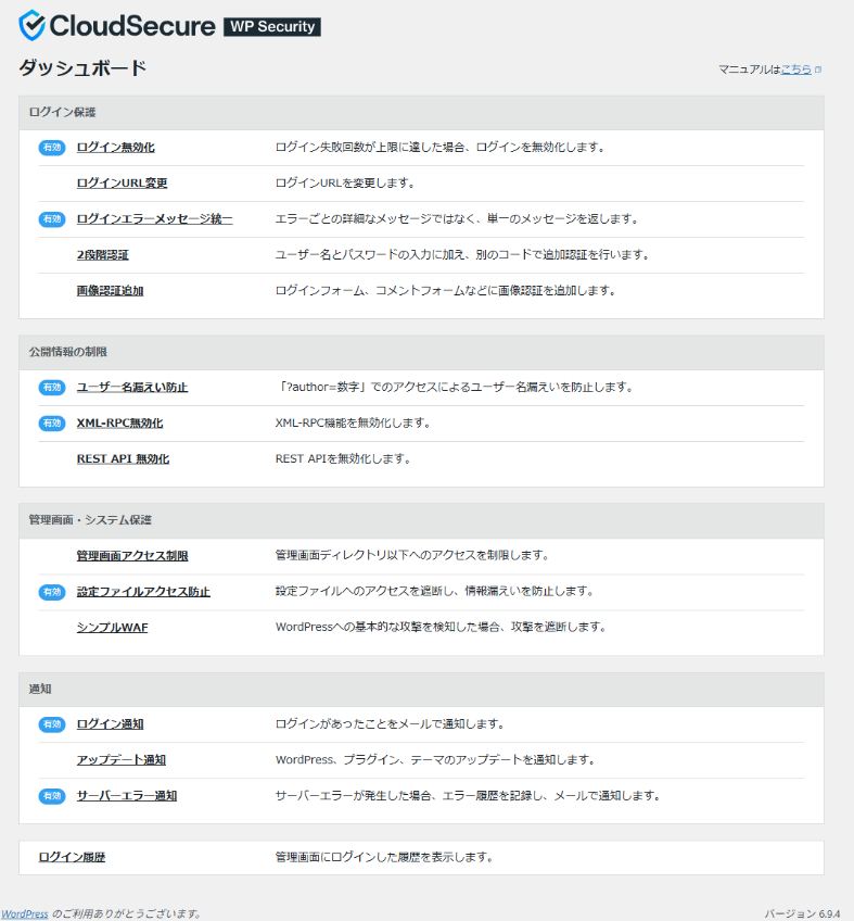 CloudSecure WP Securityのダッシュボード画面。14項目のON/OFF状態が一覧表示されている（2026年4月・筆者撮影）